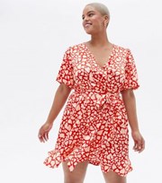 New Look Curves Red Jacquard Heart Satin Mini Wrap Dress